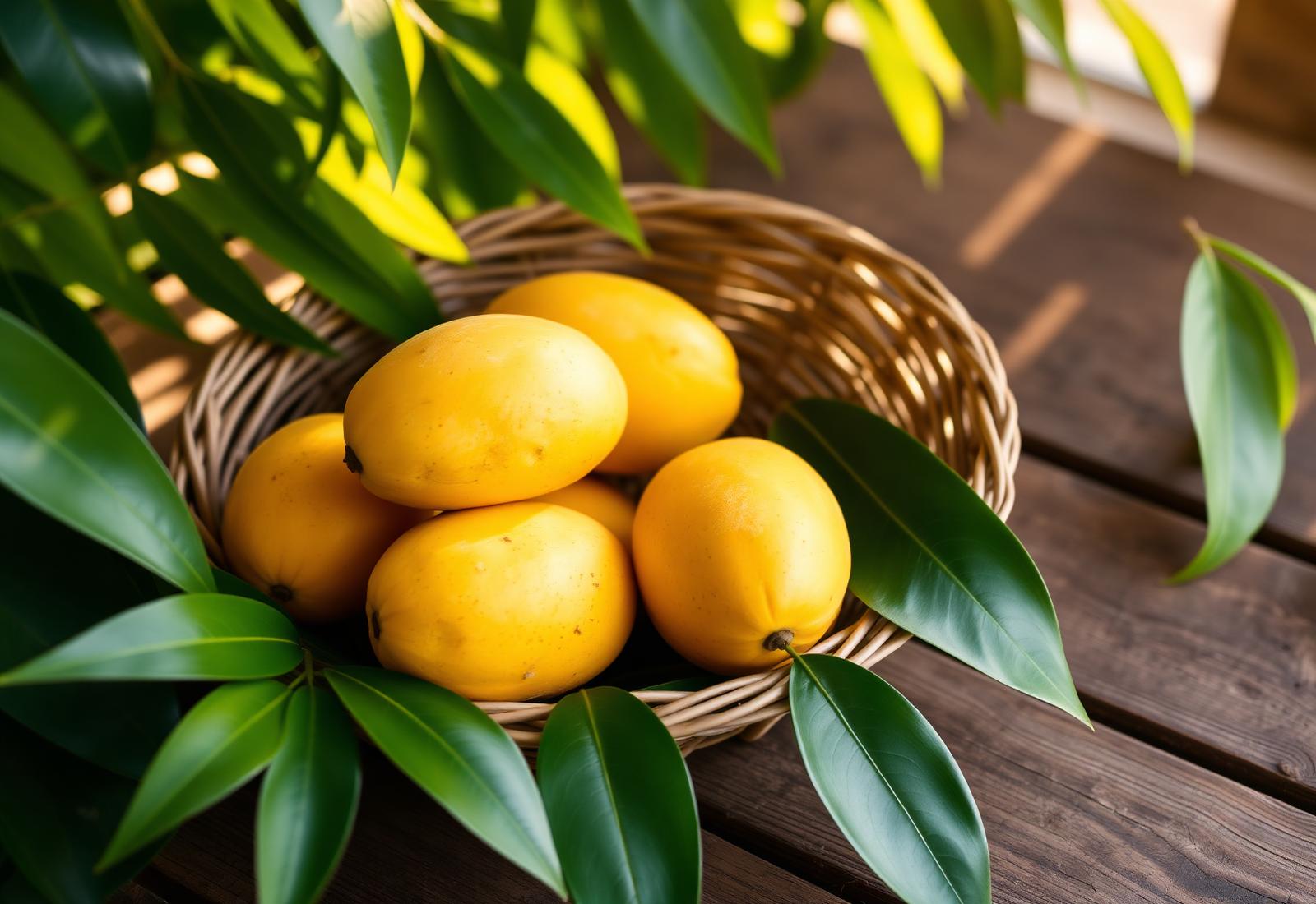 Ripe golden TJC mangoes in a woven basket surrounded by mango leaves